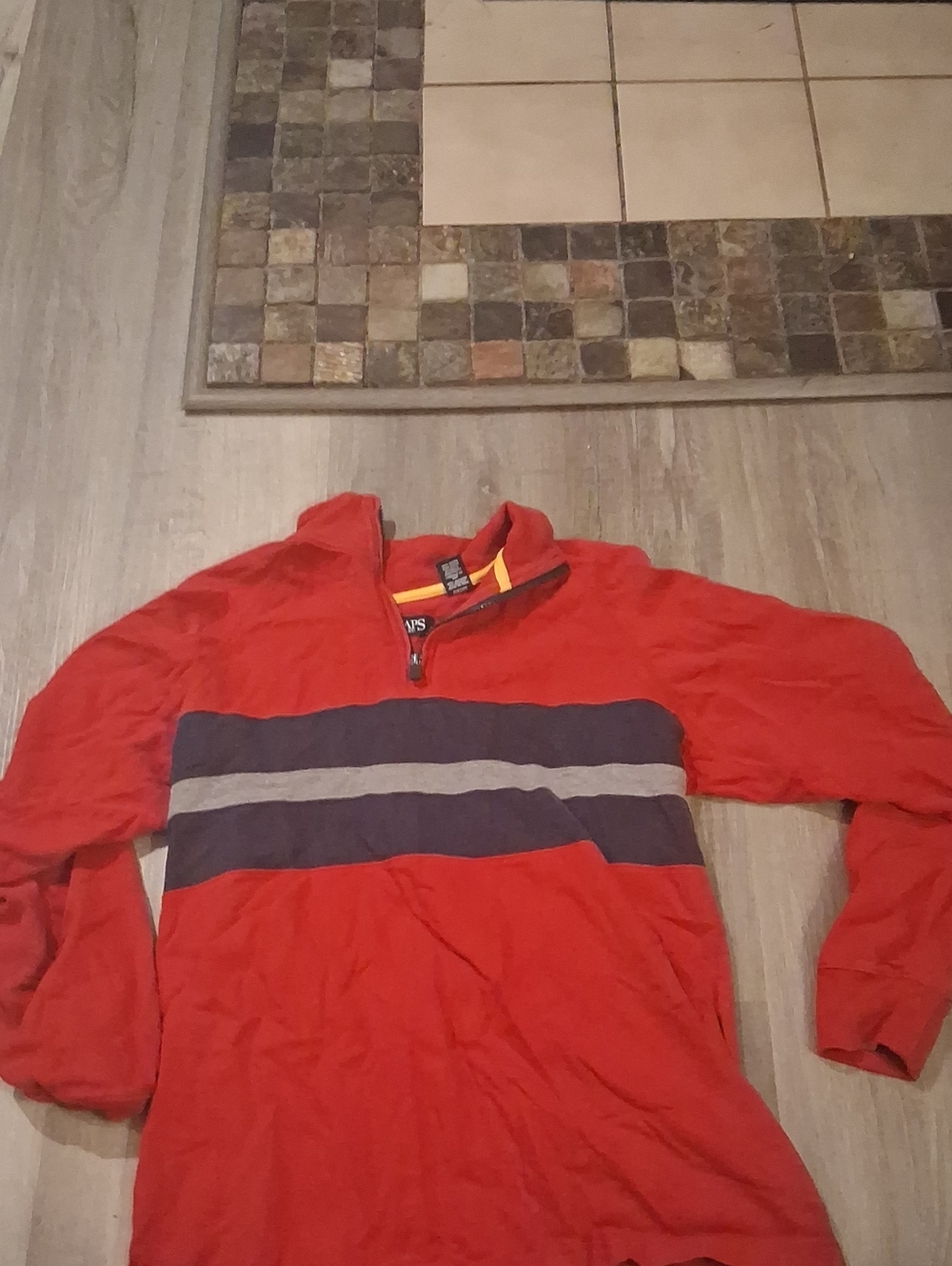 Chaps Red Quarter-Zip Sweater with Navy and Gray Stripes